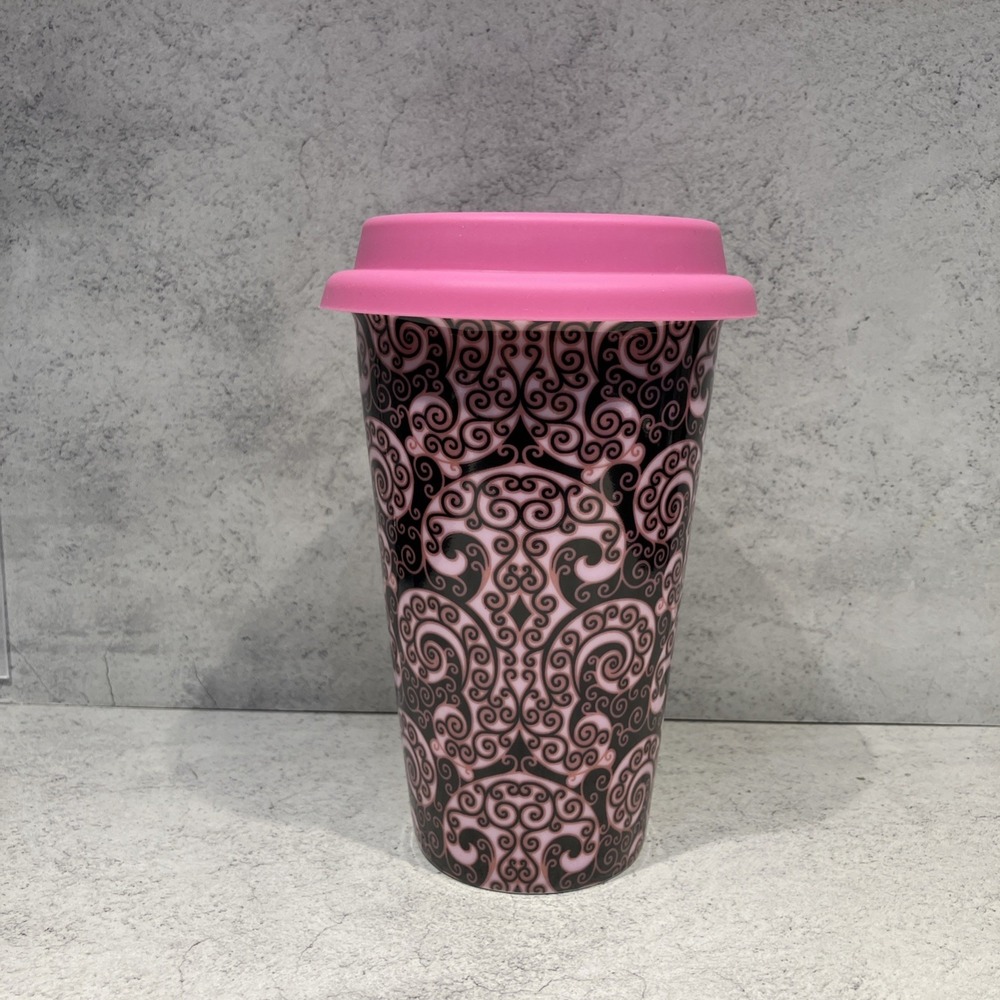 Travel Mug Cup Pink and Black Paisley Damask Pattern 8oz Heavy Ceramic